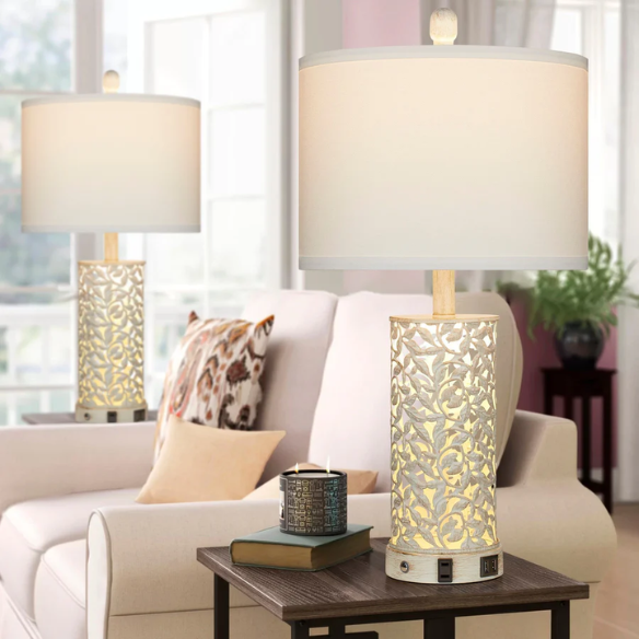 Set of 2 white table lamps with LED nightlight, built-in USB charging ports and AC outlet, touch and rotary switches, and fabric drum shades – perfect for bedside or living room lighting