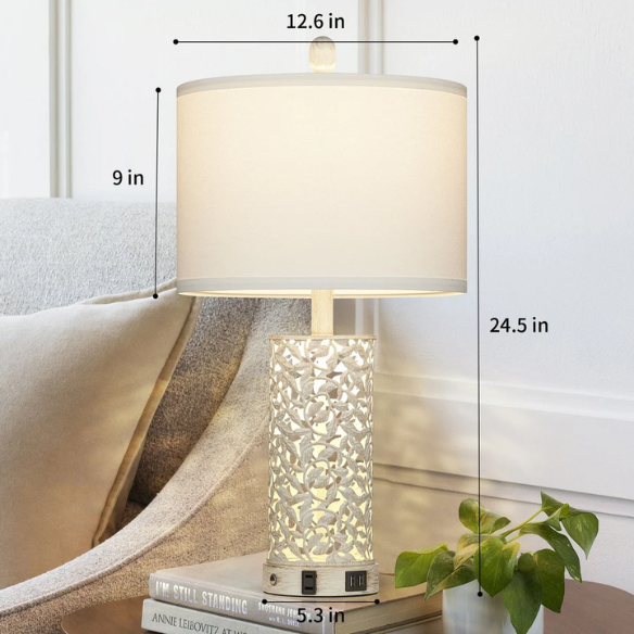 Set of 2 white table lamps with LED nightlight, built-in USB charging ports and AC outlet, touch and rotary switches, and fabric drum shades – perfect for bedside or living room lighting