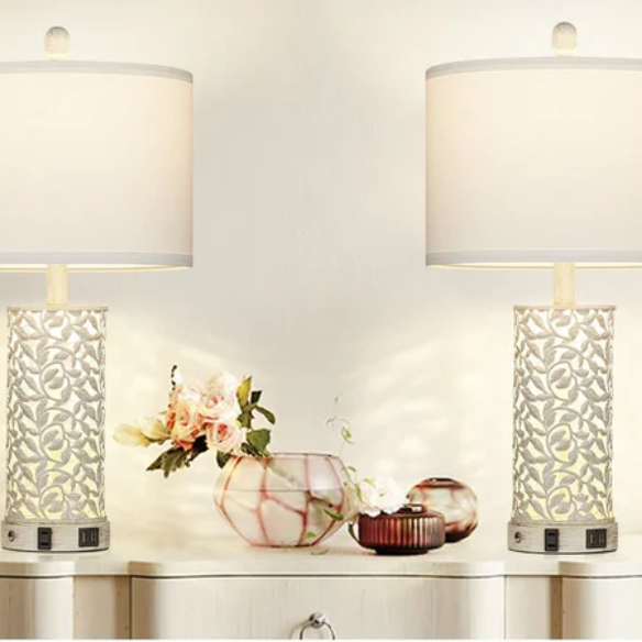 Set of 2 white table lamps with LED nightlight, built-in USB charging ports and AC outlet, touch and rotary switches, and fabric drum shades – perfect for bedside or living room lighting