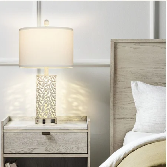 Set of 2 white table lamps with LED nightlight, built-in USB charging ports and AC outlet, touch and rotary switches, and fabric drum shades – perfect for bedside or living room lighting