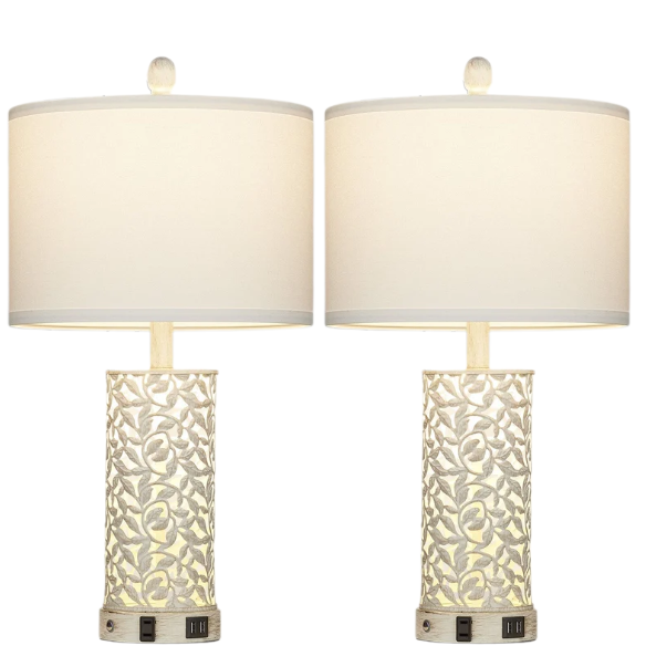Set of 2 white table lamps with LED nightlight, built-in USB charging ports and AC outlet, touch and rotary switches, and fabric drum shades – perfect for bedside or living room lighting