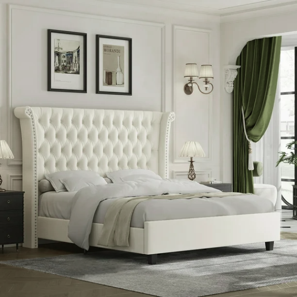 White velvet king-size platform bed with tall tufted wingback headboard, nailhead trim, and no box spring required
