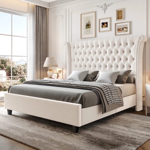 White velvet king-size platform bed with tall tufted wingback headboard, nailhead trim, and no box spring required