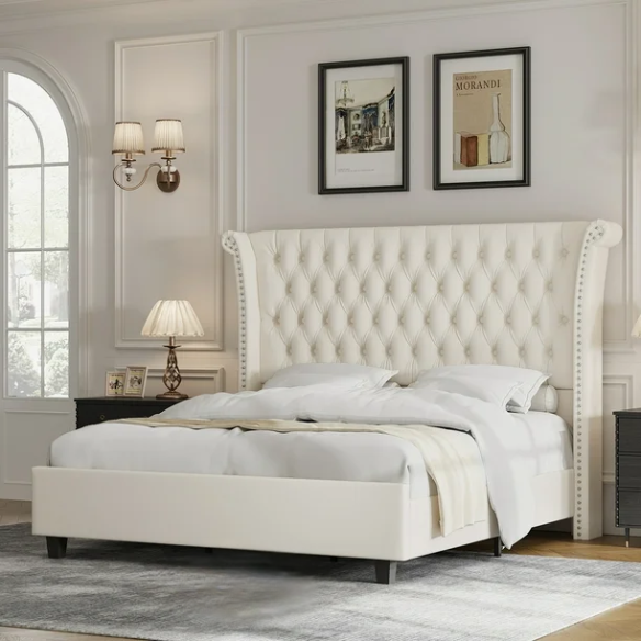 White velvet king-size platform bed with tall tufted wingback headboard, nailhead trim, and no box spring required