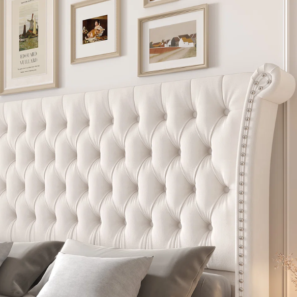White velvet king-size platform bed with tall tufted wingback headboard, nailhead trim, and no box spring required
