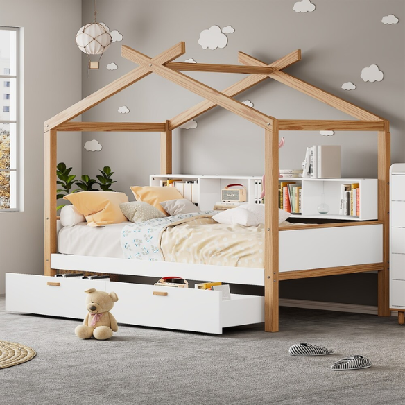 White twin house bed for kids with roof frame, pull-out trundle, and built-in back bookshelf, made from wood with natural accents.