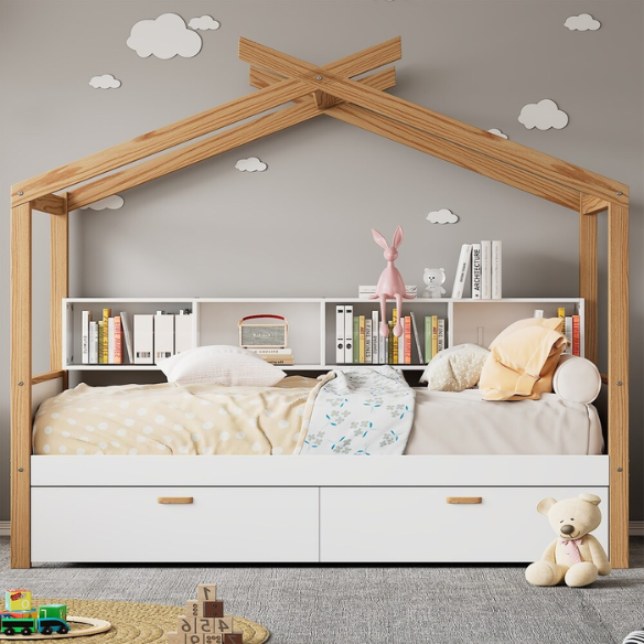 White twin house bed for kids with roof frame, pull-out trundle, and built-in back bookshelf, made from wood with natural accents.