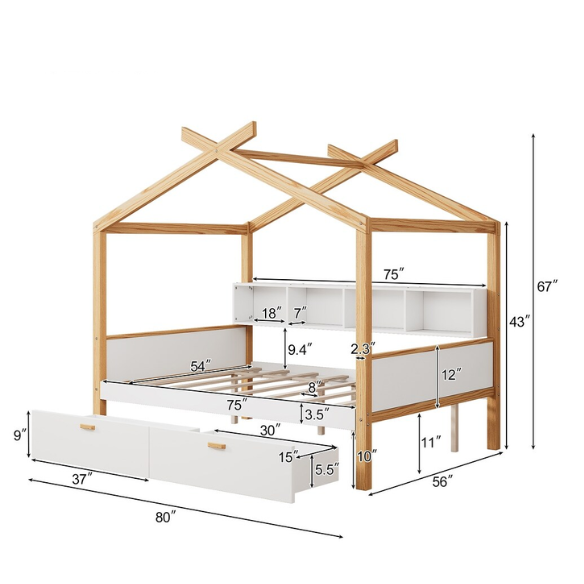 White twin house bed for kids with roof frame, pull-out trundle, and built-in back bookshelf, made from wood with natural accents.
