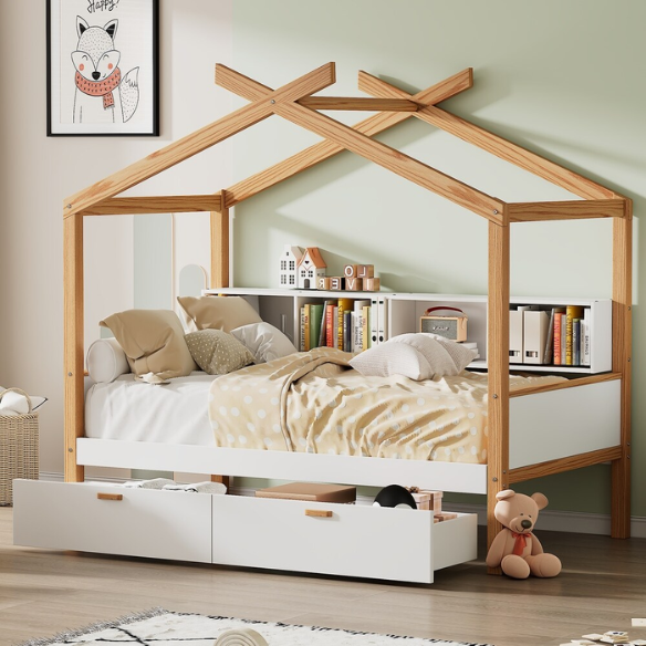 White twin house bed for kids with roof frame, pull-out trundle, and built-in back bookshelf, made from wood with natural accents.