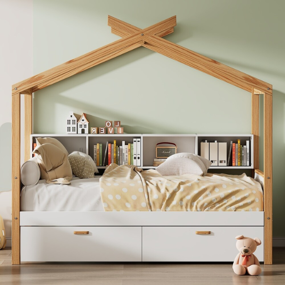 White twin house bed for kids with roof frame, pull-out trundle, and built-in back bookshelf, made from wood with natural accents.