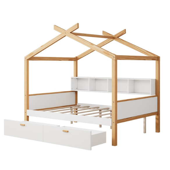 White twin house bed for kids with roof frame, pull-out trundle, and built-in back bookshelf, made from wood with natural accents.