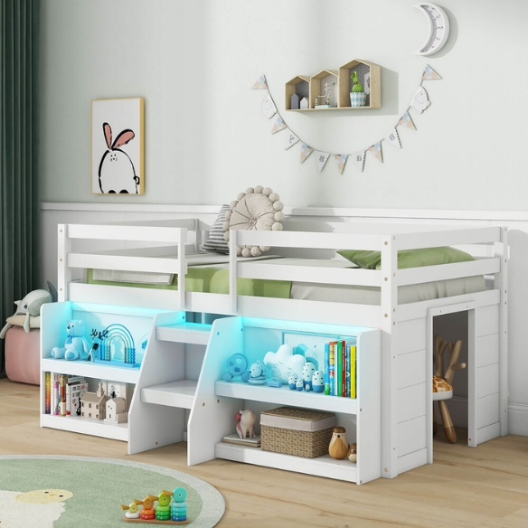 White twin low loft bed with LED lights, built-in bookshelf, under-bed storage, and stair access – ideal for kids or small bedrooms.
