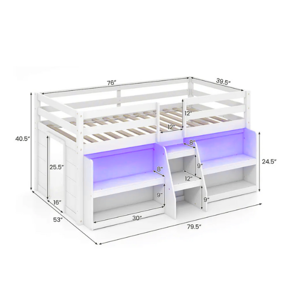 White twin low loft bed with LED lights, built-in bookshelf, under-bed storage, and stair access – ideal for kids or small bedrooms.