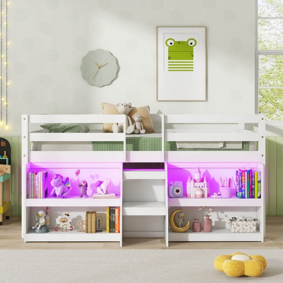 White twin low loft bed with LED lights, built-in bookshelf, under-bed storage, and stair access – ideal for kids or small bedrooms.
