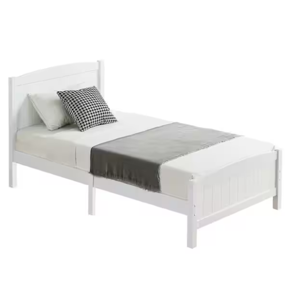 White twin platform bed frame with headboard, made of solid pine wood, featuring underbed storage and slatted base – minimalist design for kids, teens, or adults.