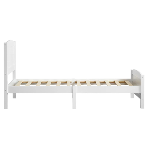White twin platform bed frame with headboard, made of solid pine wood, featuring underbed storage and slatted base – minimalist design for kids, teens, or adults.