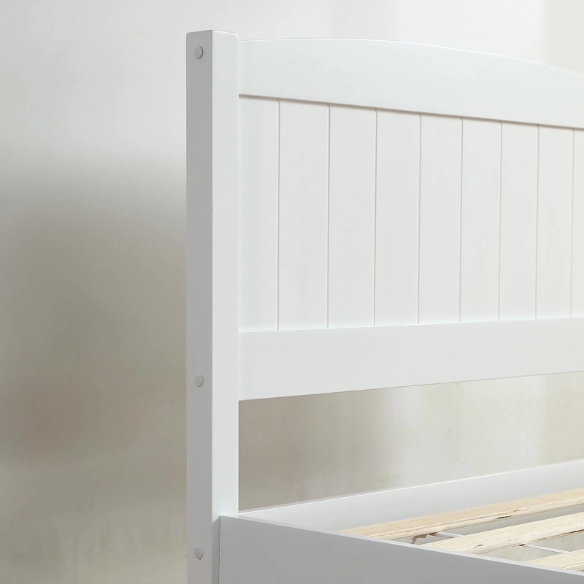 White twin platform bed frame with headboard, made of solid pine wood, featuring underbed storage and slatted base – minimalist design for kids, teens, or adults.