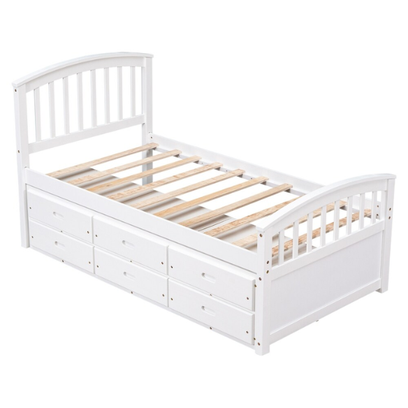 Solid white twin bed frame made from pine wood with underbed storage drawers and a non-toxic finish, designed for children or teens in a modern or rustic bedroom.