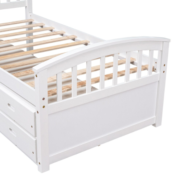 Solid white twin bed frame made from pine wood with underbed storage drawers and a non-toxic finish, designed for children or teens in a modern or rustic bedroom.