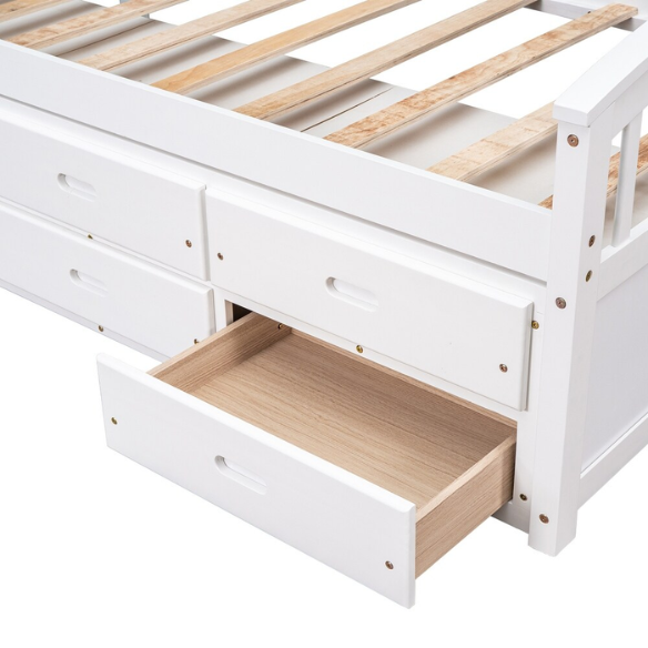 Solid white twin bed frame made from pine wood with underbed storage drawers and a non-toxic finish, designed for children or teens in a modern or rustic bedroom.