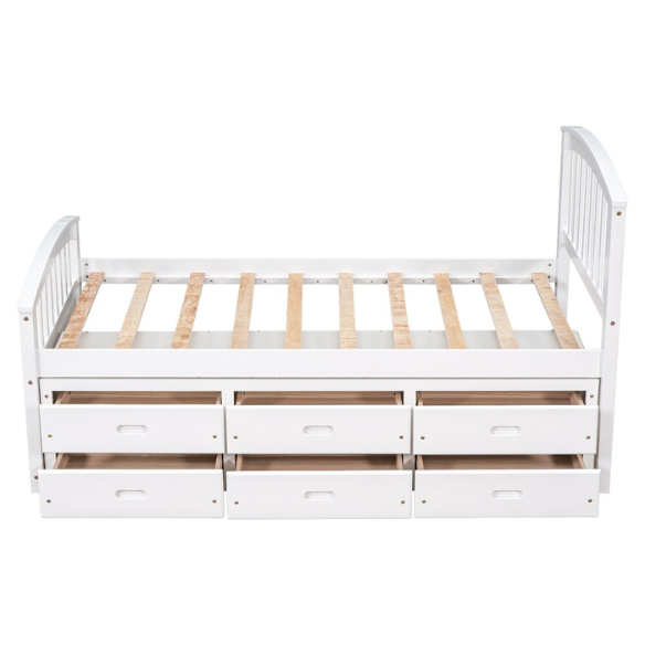 Solid white twin bed frame made from pine wood with underbed storage drawers and a non-toxic finish, designed for children or teens in a modern or rustic bedroom.