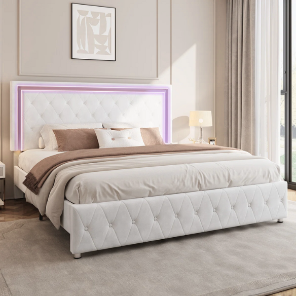 White velvet full size upholstered platform bed with LED lighted button tufted headboard and center support legs