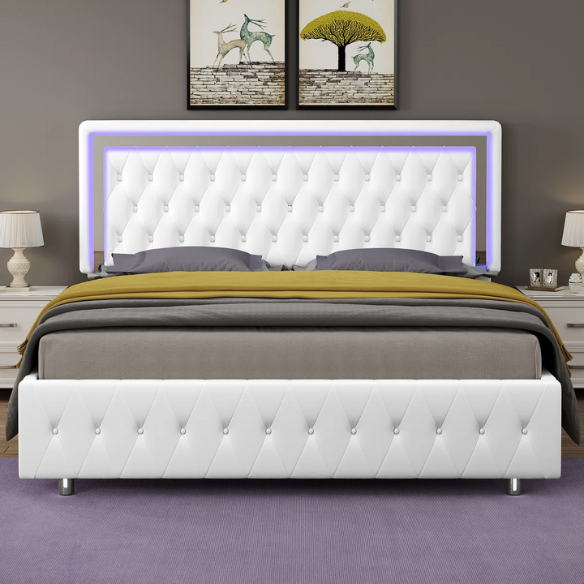 White velvet full size upholstered platform bed with LED lighted button tufted headboard and center support legs