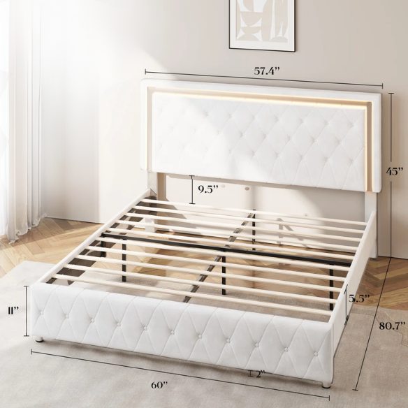 White velvet full size upholstered platform bed with LED lighted button tufted headboard and center support legs