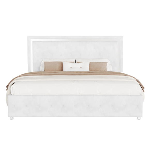 White velvet full size upholstered platform bed with LED lighted button tufted headboard and center support legs