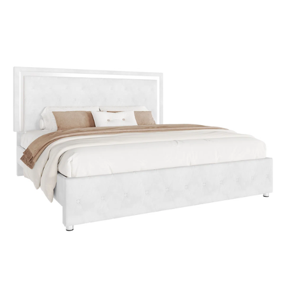 White velvet full size upholstered platform bed with LED lighted button tufted headboard and center support legs