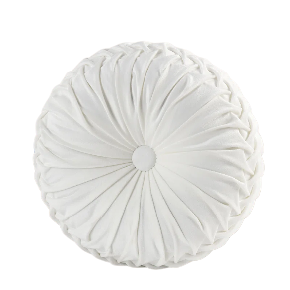 Set of 2 white pleated velvet round throw pillows with button tufted center – 14.5 inch pumpkin-style decorative cushions for sofa, bed, or cozy nook