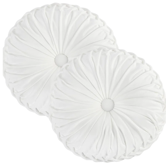 Set of 2 white pleated velvet round throw pillows with button tufted center – 14.5 inch pumpkin-style decorative cushions for sofa, bed, or cozy nook