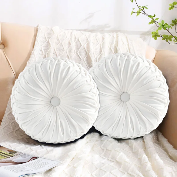 Set of 2 white pleated velvet round throw pillows with button tufted center – 14.5 inch pumpkin-style decorative cushions for sofa, bed, or cozy nook