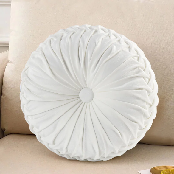 Set of 2 white pleated velvet round throw pillows with button tufted center – 14.5 inch pumpkin-style decorative cushions for sofa, bed, or cozy nook