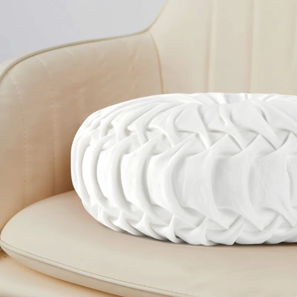 Set of 2 white pleated velvet round throw pillows with button tufted center – 14.5 inch pumpkin-style decorative cushions for sofa, bed, or cozy nook