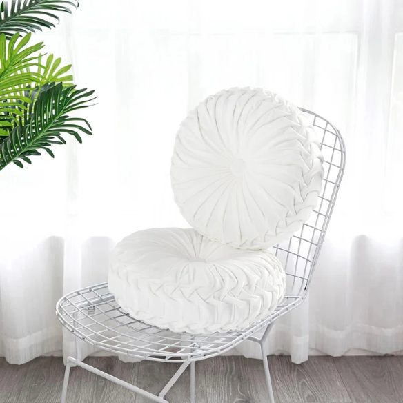 Set of 2 white pleated velvet round throw pillows with button tufted center – 14.5 inch pumpkin-style decorative cushions for sofa, bed, or cozy nook