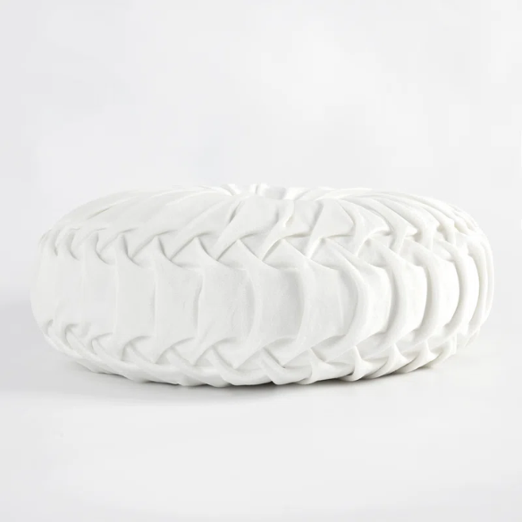 Set of 2 white pleated velvet round throw pillows with button tufted center – 14.5 inch pumpkin-style decorative cushions for sofa, bed, or cozy nook