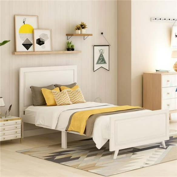 White twin-size wooden sleigh bed frame with headboard, modern painted finish, and underbed storage – ideal for kids’ rooms, guest spaces, or dorms