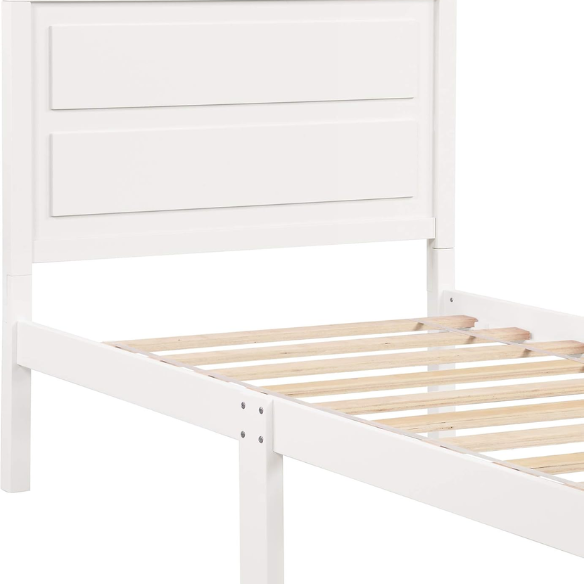 White twin-size wooden sleigh bed frame with headboard, modern painted finish, and underbed storage – ideal for kids’ rooms, guest spaces, or dorms