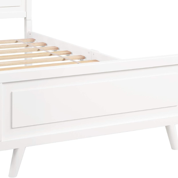 White twin-size wooden sleigh bed frame with headboard, modern painted finish, and underbed storage – ideal for kids’ rooms, guest spaces, or dorms