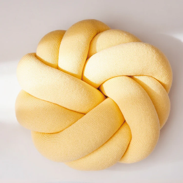 Yellow handmade cotton knot throw pillow, round design, 30 cm diameter – soft plush decorative cushion for sofa, bed, chair, or car