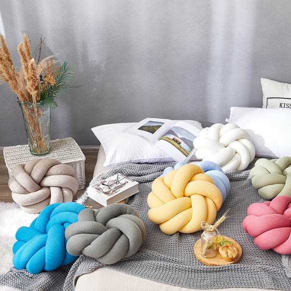 Yellow handmade cotton knot throw pillow, round design, 30 cm diameter – soft plush decorative cushion for sofa, bed, chair, or car