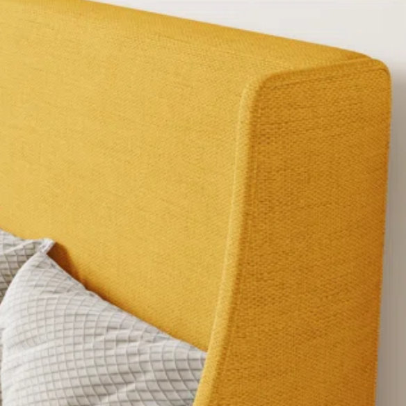 Yellow linen upholstered queen platform bed with wingback headboard, slatted base, and black tapered legs – no box spring required
