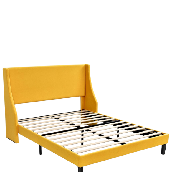 Yellow linen upholstered queen platform bed with wingback headboard, slatted base, and black tapered legs – no box spring required