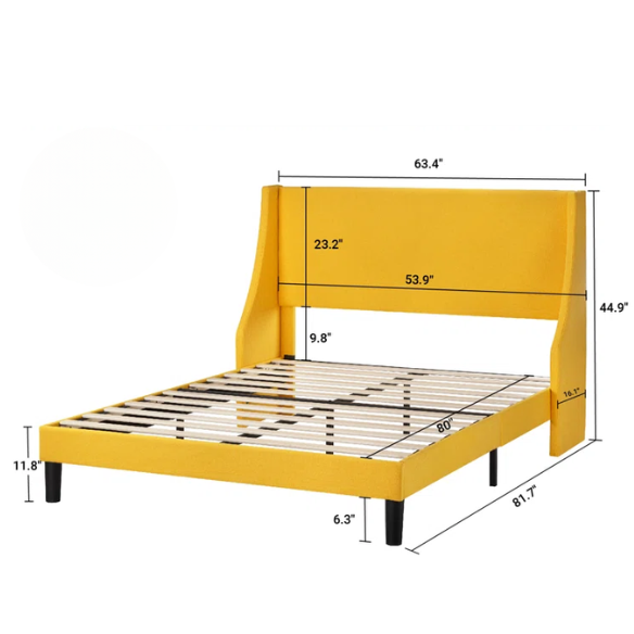 Yellow linen upholstered queen platform bed with wingback headboard, slatted base, and black tapered legs – no box spring required