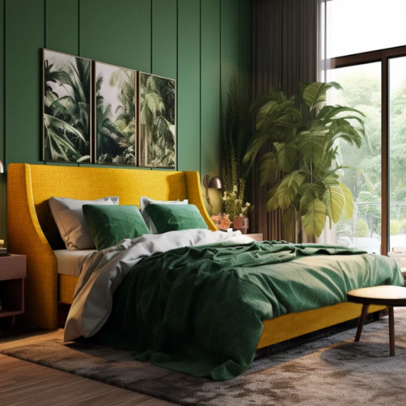 Yellow linen upholstered queen platform bed with wingback headboard, slatted base, and black tapered legs – no box spring required