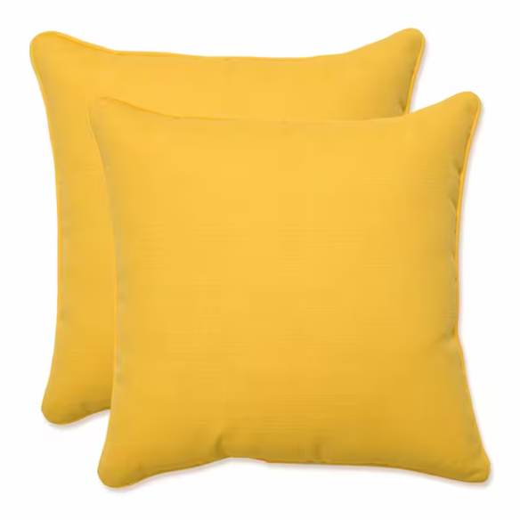 Set of 2 yellow square throw pillows with corded edges and hidden zipper closure, made of soft cotton-blend twill fabric, perfect for modern and transitional home décor.