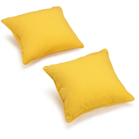 Set of 2 yellow square throw pillows with corded edges and hidden zipper closure, made of soft cotton-blend twill fabric, perfect for modern and transitional home décor.