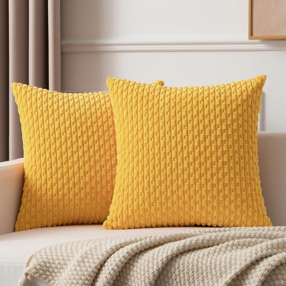 Yellow striped corduroy throw pillow cover with zipper closure, perfect for modern and boho home décor.