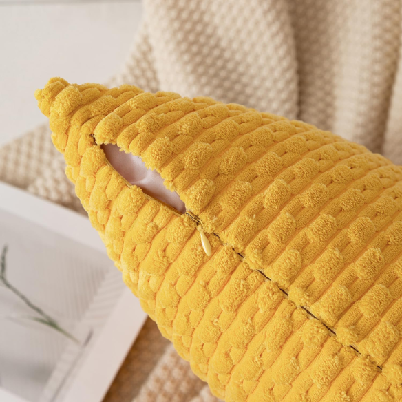 Yellow striped corduroy throw pillow cover with zipper closure, perfect for modern and boho home décor.